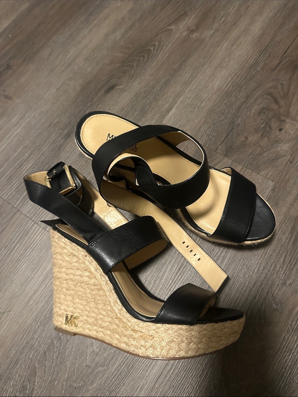 Michael Kors Black Leather Espadrille Wedge Sandals size 8.5